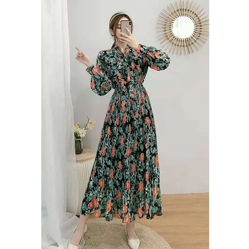 Женское платье с длинным рукавом и принтом v образный вырез бант пышные рукава