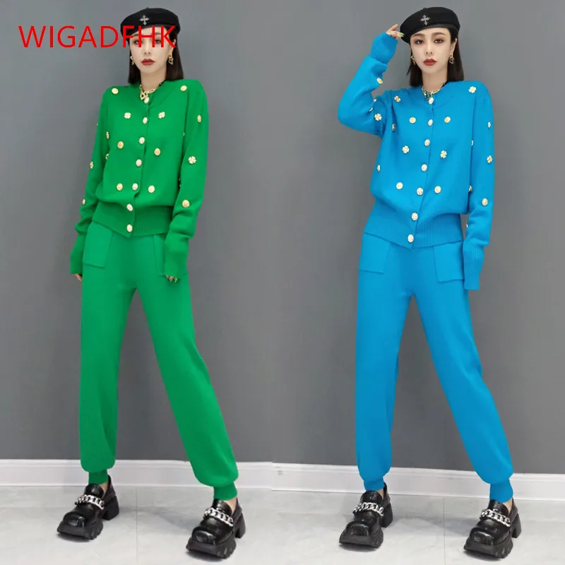

WIGADFHK 2022 Autumn And Winter New Knit Suit Women Fashion Button Cardigan Sweater Casual Pants Western Style Two-piece Suit