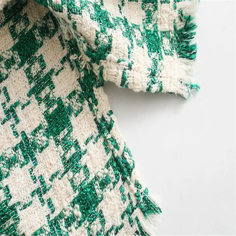 

Hem Lapel Collar Long Sleeve Autumn Tops Female Loose Tweed Blouse Textured Shirt Women Chic Green Plaid Shirts Frayed