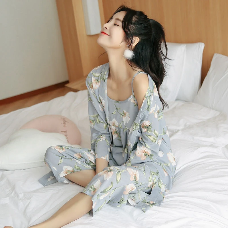 

Autumn Spring Ladies Pajamas Set Floral Banana Leaves Printed Women Comfort Loose Homewear 3 Piece Set Femme Sleepwaear Homewear