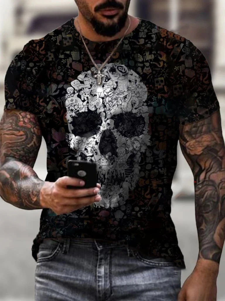 

2021 summer men's T-shirt casual short-sleeved T-shirt hot sale long-sleeved men's street wear skull pattern T-shirt oversized
