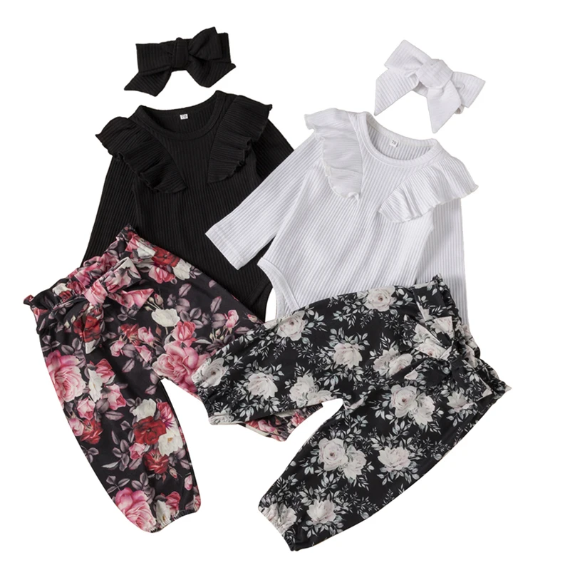 

Pudcoco 0-24M 3Pcs Ruffle Baby Girls Long Sleeve Ruffles Casual O-Neck Bodysuit+Lace-Up Floral Print Pants+Headband Clothes Sets