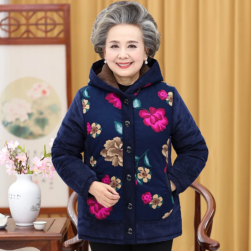 Кашемировое хлопковое пальто для пожилых женщин зимняя куртка с капюшоном