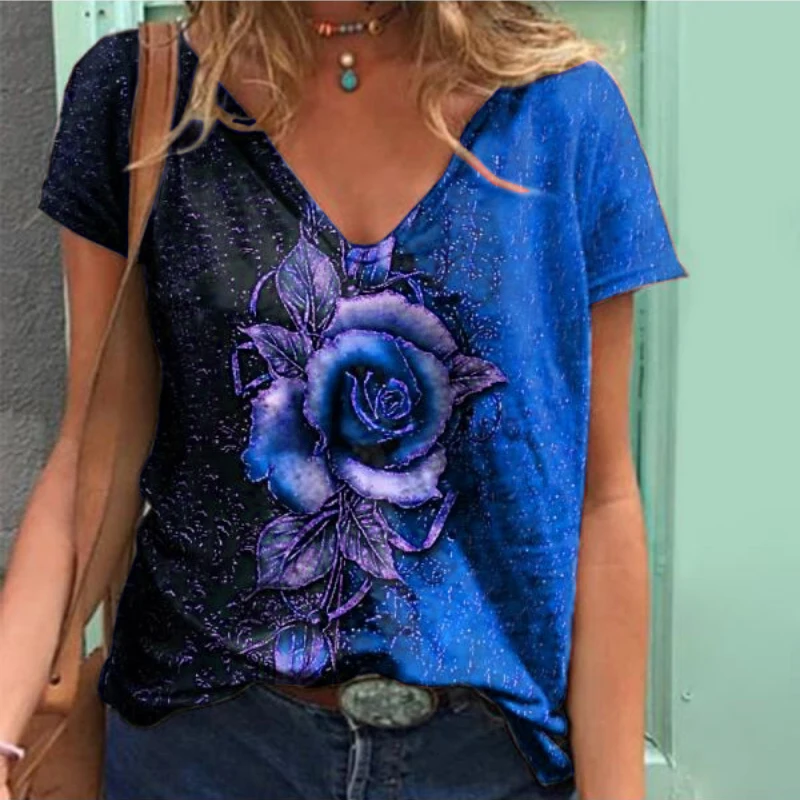 

2021 Summer Vintage Rose Flower Printed Women T-shirt Sexy V Neck Short Sleeve Tops Clothing Fashion Elegant Sling Slim Y2k Top