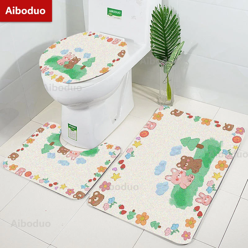 

Aiboduo Multi-size NonSlip 3pcs/set Toilet Lid Cover Set kawaii Bear Bunny Home Decoration BathMat Absorbent Restroom Rug Carpet