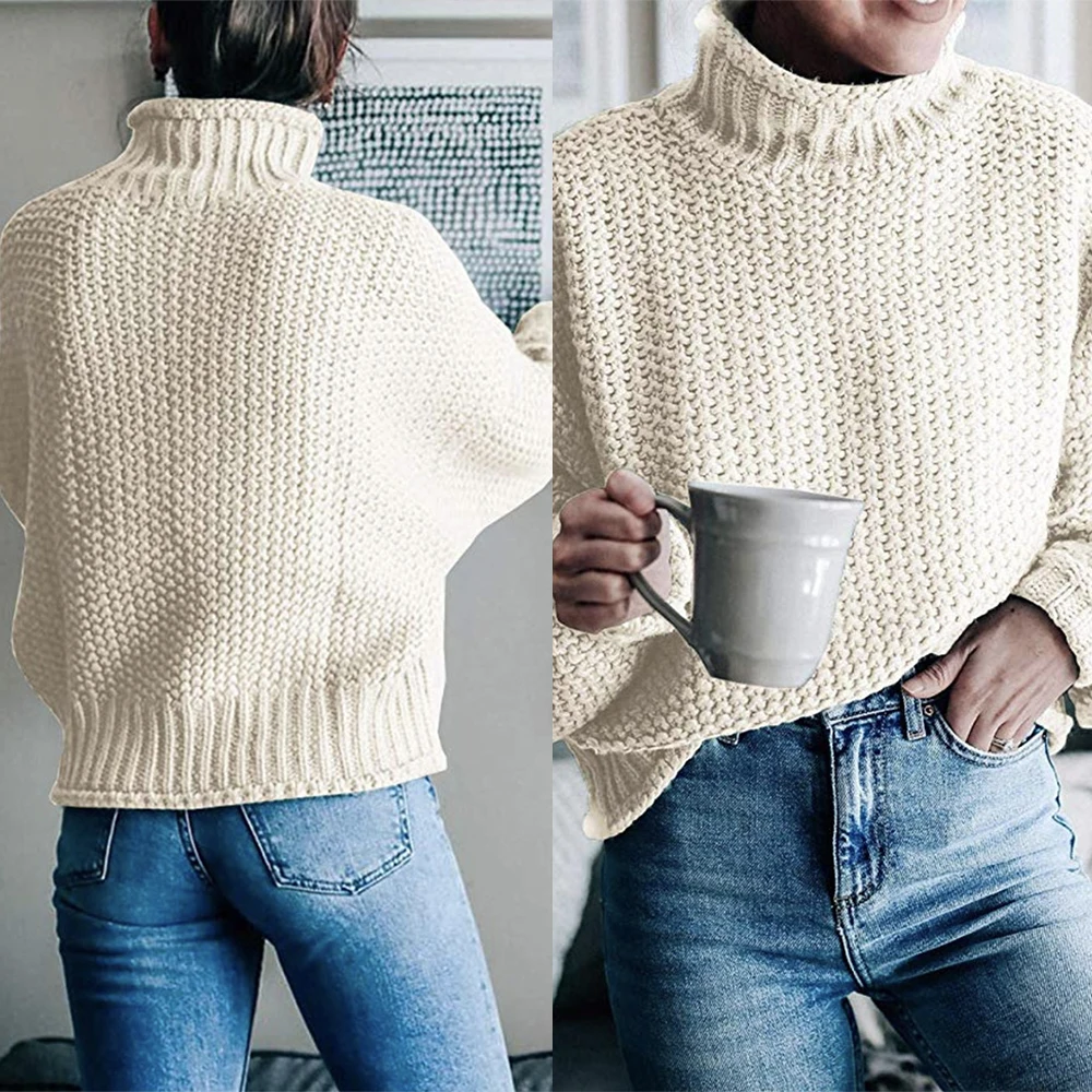 

2021 Women Knit Sweater Long Sleeve Pullover Loose Turtleneck Sweaters Autumn Winter Jumpers Female