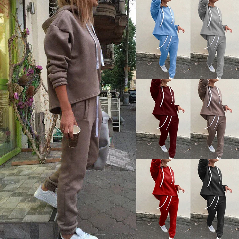 

2021 Women 2 Piece Outfits - Solid Pullover Sweatsuits Long Sleeve Pullover Sweatshirt Skinny Long Pants Fitness Tracksuit Set