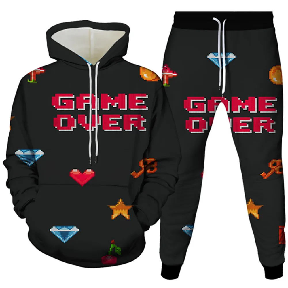 

Fashion Two Pieces Suit Sets Female Stylish Plus Size Letters Game Over Funny Print Hoodies Trousers Clothes Women Men Tracksuit