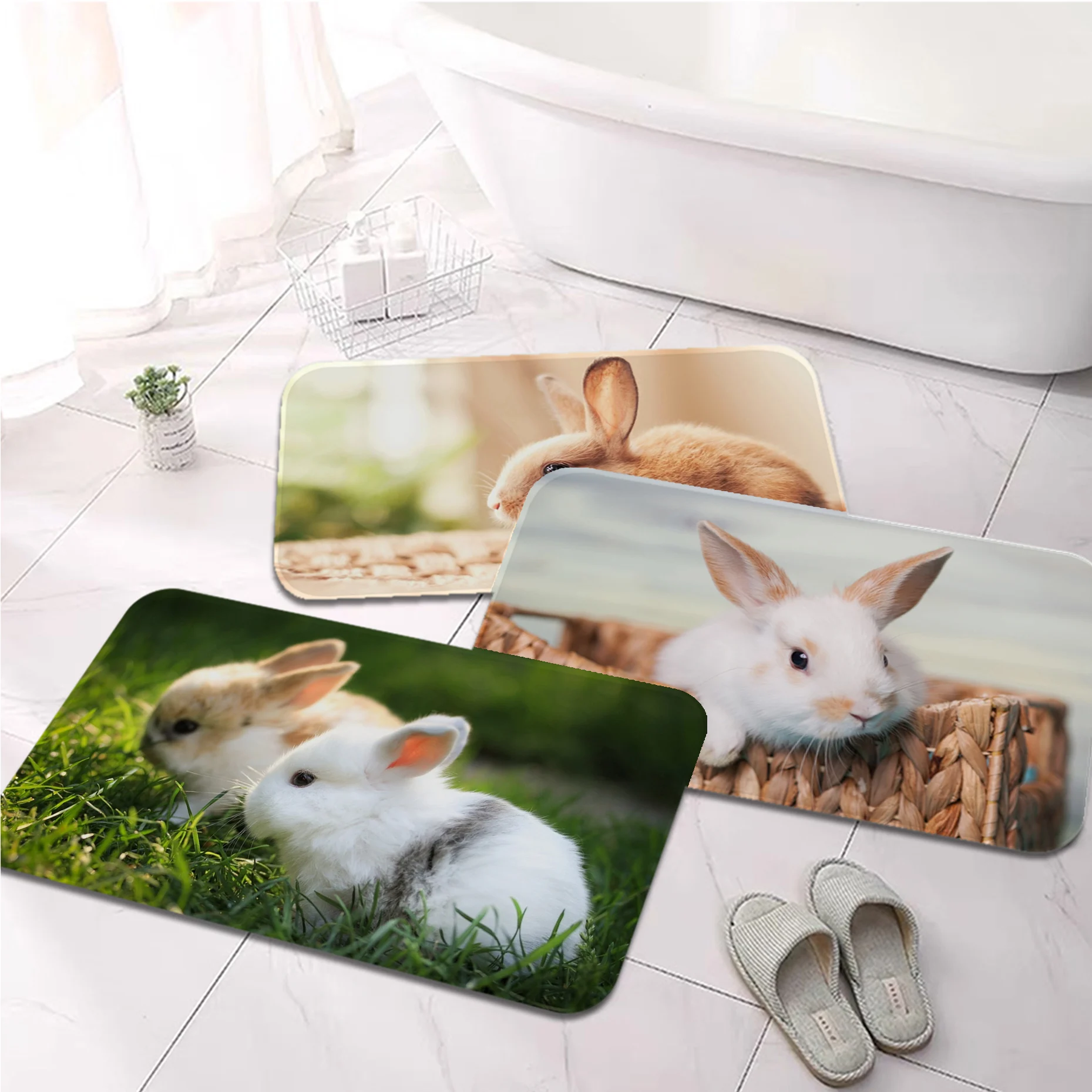 

Cute little white rabbit Printed Flannel Floor Mat Bathroom Decor Carpet Non-Slip For Living Room Kitchen welcome Doormat