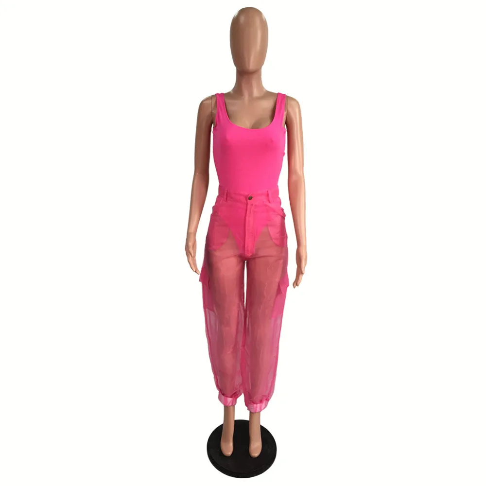 rose red jumpsuit Sexy Bodysuit Top With Organza Pants Two Piece Set Casual Sleeveless Bodycon Jumpsuit Evening Club Party 2 Piece Overalls Sets - Цвет: rose red jumpsuit
