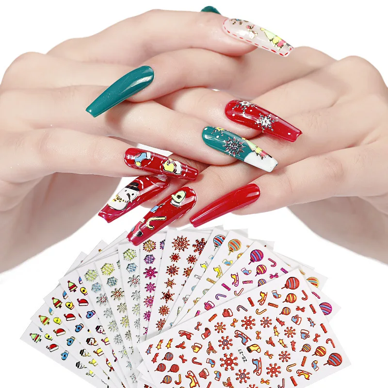 

Merry Christmas 3D Nails Sticker Winter Cartoon Sliders Color White Snowflake Snowman Decal UV Gel Polisn Manicures Foils Decor