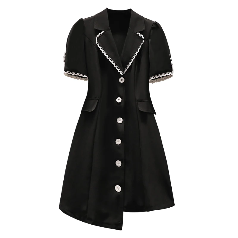 

2021 New Summer Black Dress For Women Notched Short Sleeves Lace Hook Flower Hollow Asymmetrical A-Line Elegant Female Dresses