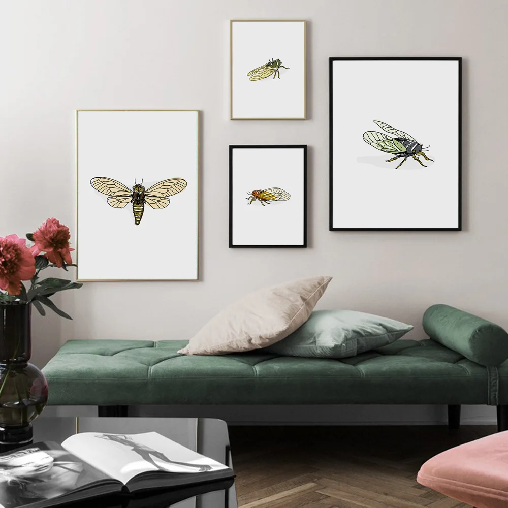 Hand Drawn Cicada Scandinavian Minimalist Wall Art Canvas Painting Nordic Posters and Prints Picture for Living Room Decor | Дом и сад