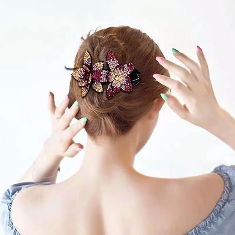

Women Beads Duckbill Clip Double Flower Rhinestone Hairpin Hair Clip Fashion Large Elegant Accessories