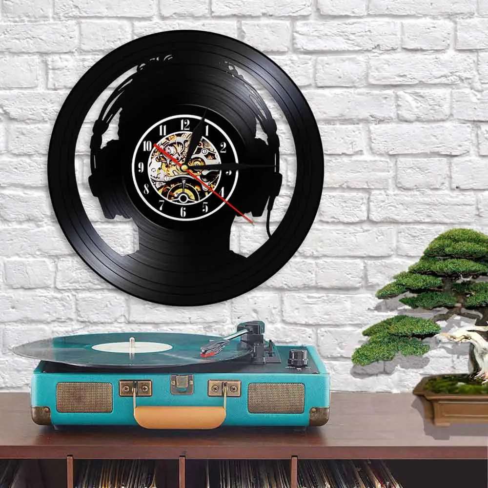 DJ-наушники музыка виниловая запись настенные часы современный дизайн рок-музыка