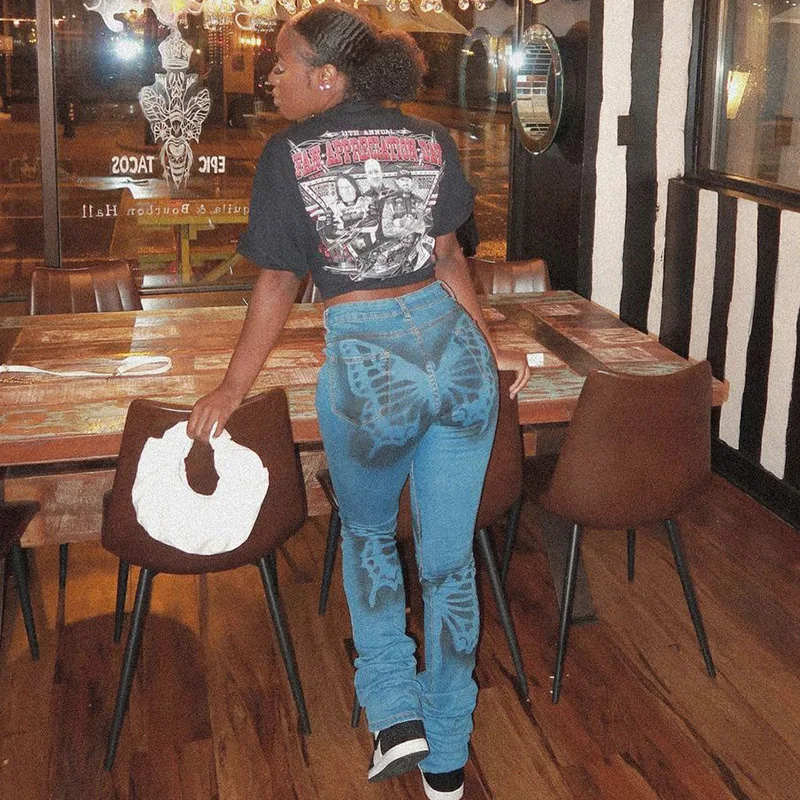 

Vintage Butterfly Pattern Jeans Women High Waist Fashion Casual Denim Pants For Women Streetwear Cotton Trousers Female Summer