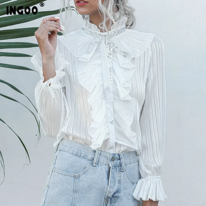 Женская винтажная шифоновая рубашка INGOO элегантная повседневная с рукавами