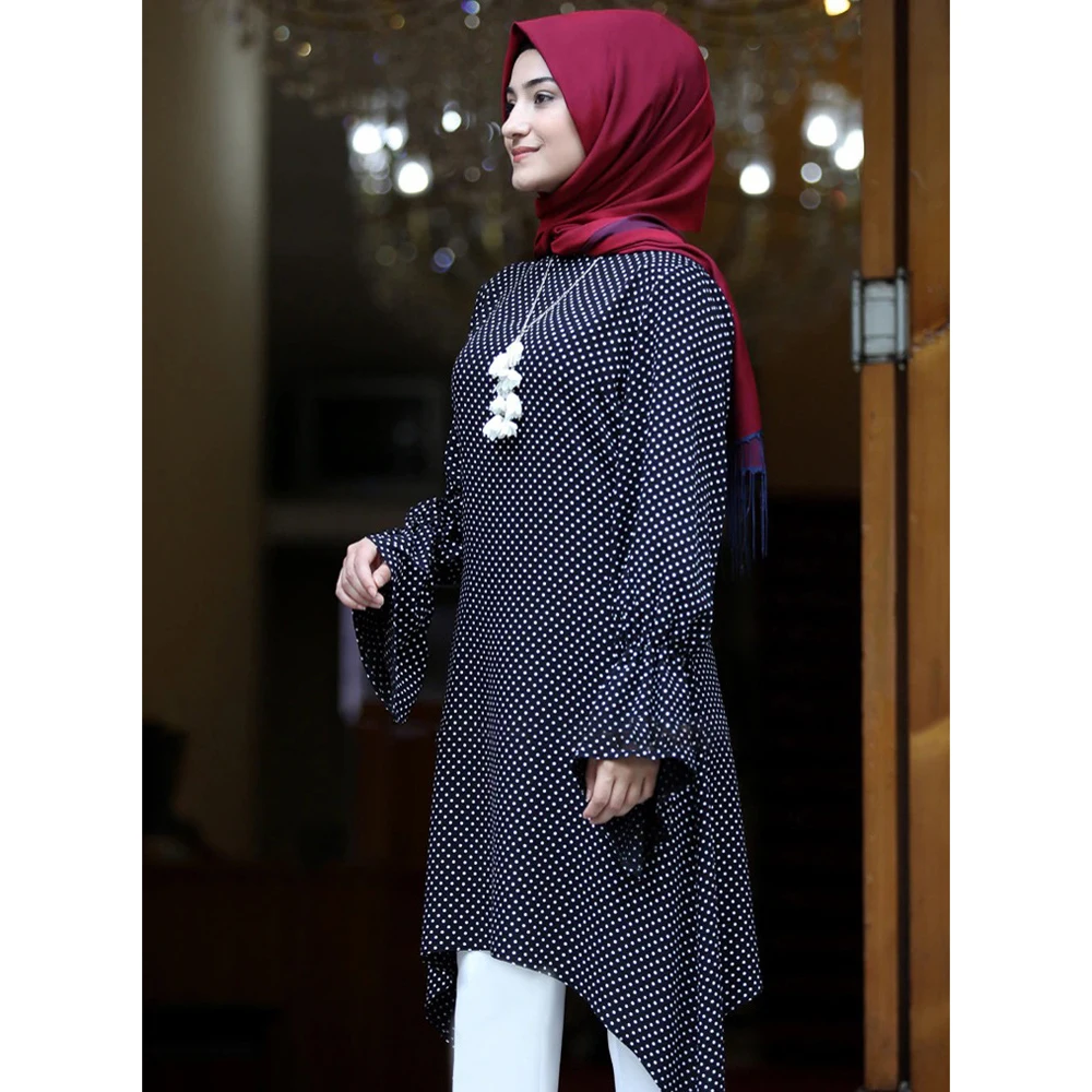 

Polka Dot Muslim Women Long Blouse Shirt Dress Abaya Flare Sleeve Kaftan Turkish Asymmetry Maxi Tops Islamic Clothing Ramadan