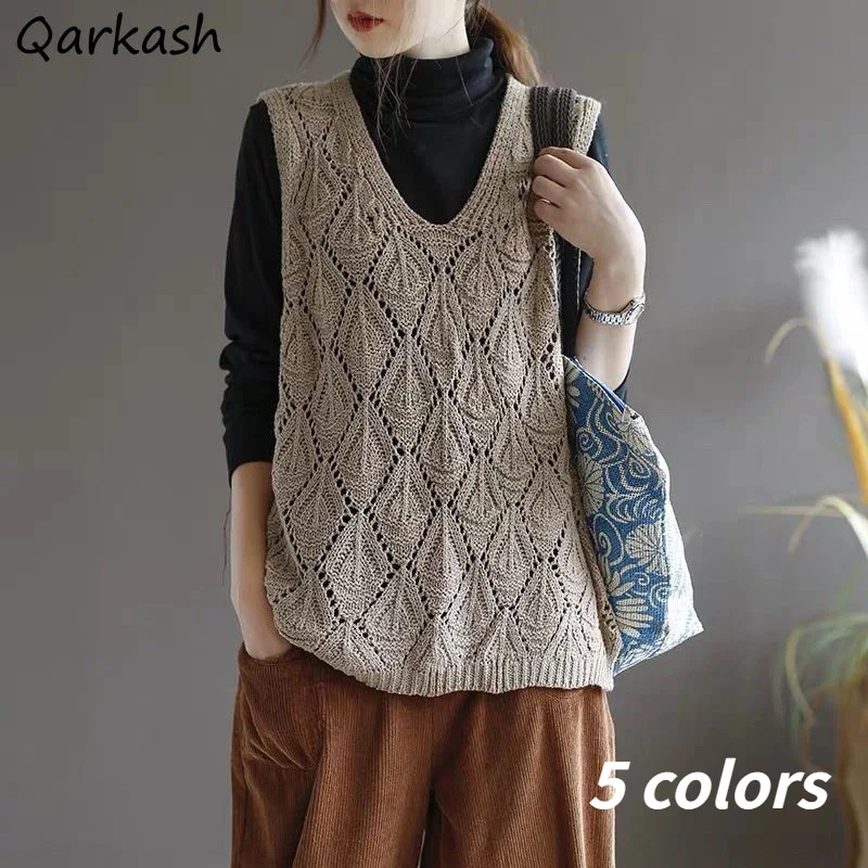 

Женский ажурный свитер без рукавов, классический однотонный винтажный Свободный жилет с V-образным вырезом в Корейском стиле, лето