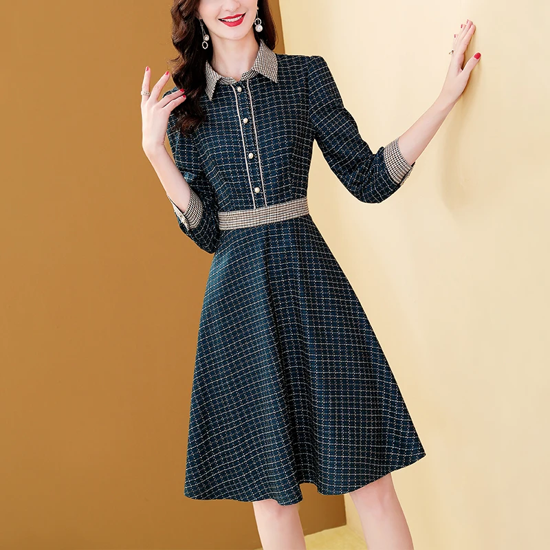 

Green Plaid Vintage Women Dress A-line Turn-down Collar England Style Vestidos Single Breasted Big Swing Dress Autumn