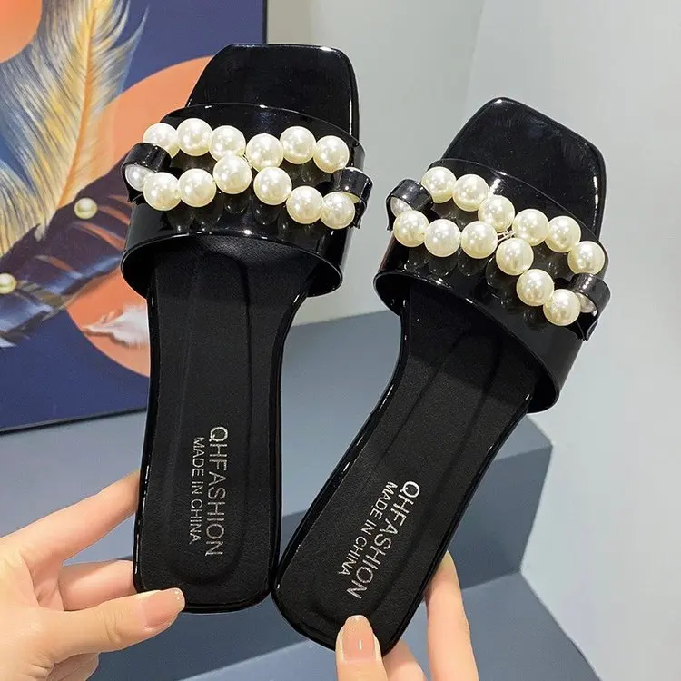 

Square-toe slippers women's outer wear 2021 summer new style flat sandals and pearls all-match word with lazy drag
