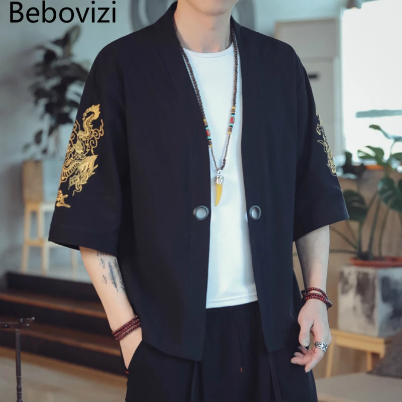 Кимоно Bebovizi мужское хлопковое китайский дракон вышивка топ свободного кроя