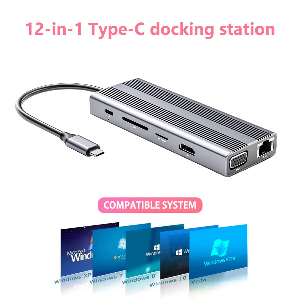 

Ultra Slim Data Hub USB Flash Drives 12 in 1 USB C Hub Compatible VGA PD RJ45 3.5mm Card Reader with USB 3.0 2.0