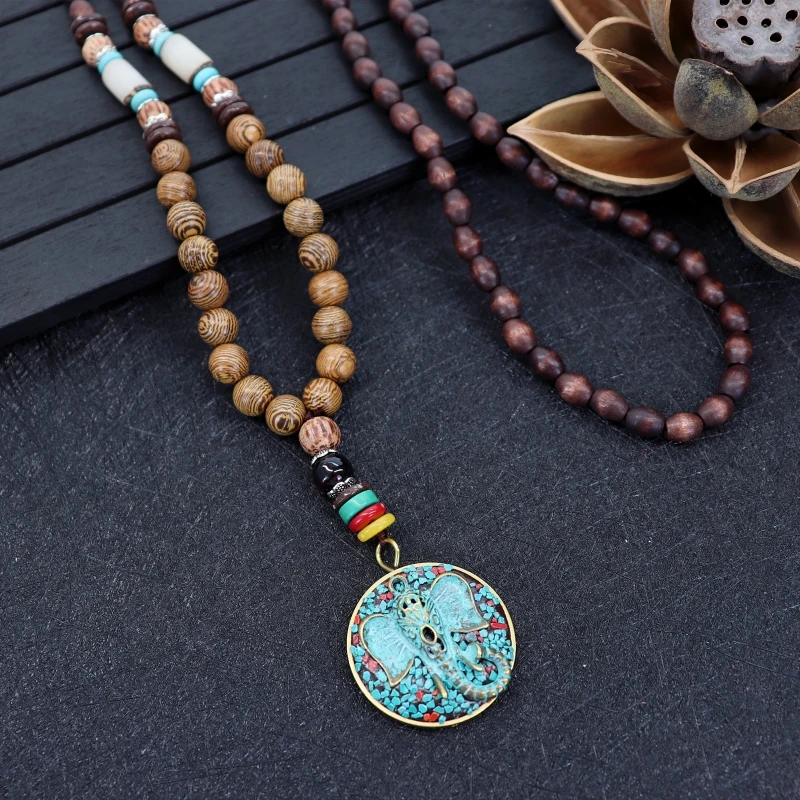 Винтажный непальский длинный буддийский деревянный кулон и ожерелье из бисера