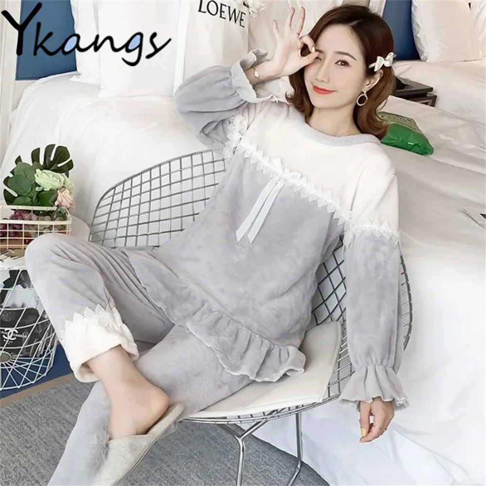 

Elegant Vintage Flannel Loose Home Clothes Lace Female Coral Fleece Pajamas Ins Autumn Winter Kawaii Bow Tops Trousers Two-Piece
