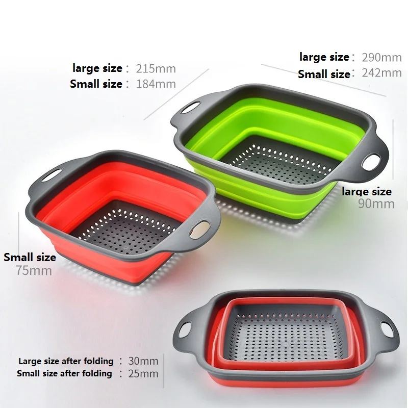 

Square Portabl Silicone Foldable Fruit Vegetable Washing Basket Strainer Colander Collapsible Drainer With Handle Kitchen Tools