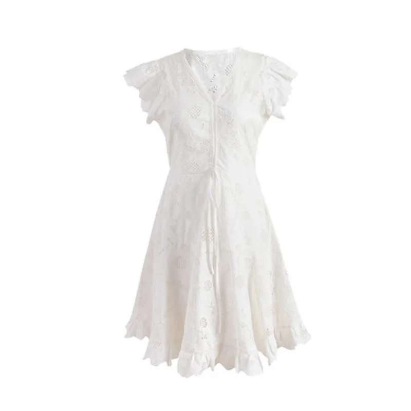 

ENGAGEMENT High Quality 2021 Summer New Daisy Embroidered Hollow Dress Female V-neck French skirt with ruffled lace