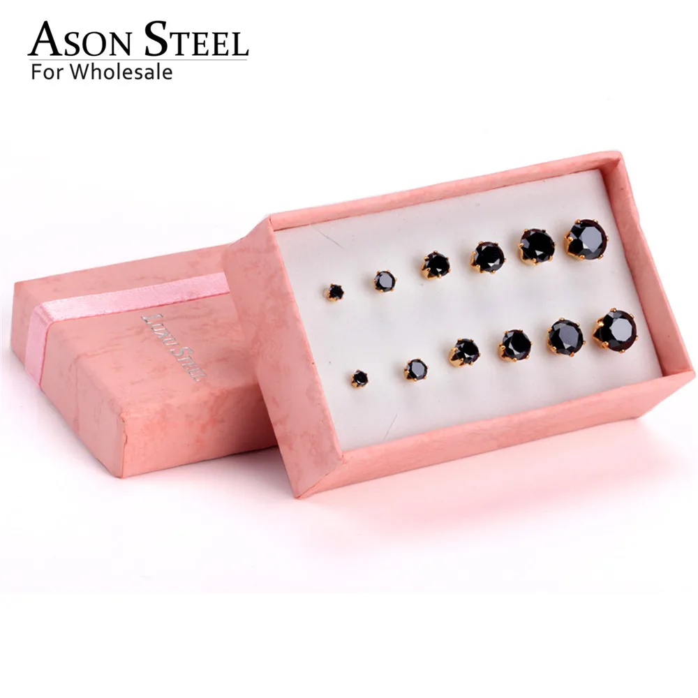 ASON, стальные серьги-гвоздики для женщин, розовый цвет, Круглый AAA кристалл, 6 пар/кор., набор сережек, нержавеющая сталь, Mujer Bijoux, подарок для любви