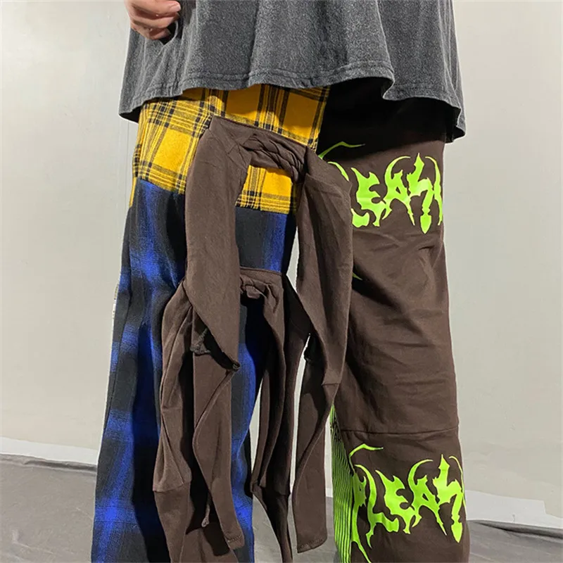 

Spring Women Pants High Street Personality Lattice Portrait Print Stitching Patch Straps Plus Size Casual Loose Trousers