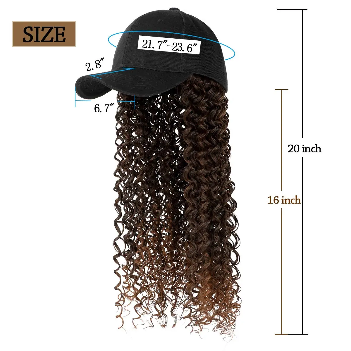 SHANGZI Baseball Cap Wig Synthetic Long Afro Kinky Curly Wigs Hat Wig Natural Black / Brown Auburn Hiar Cap With Hair For Women