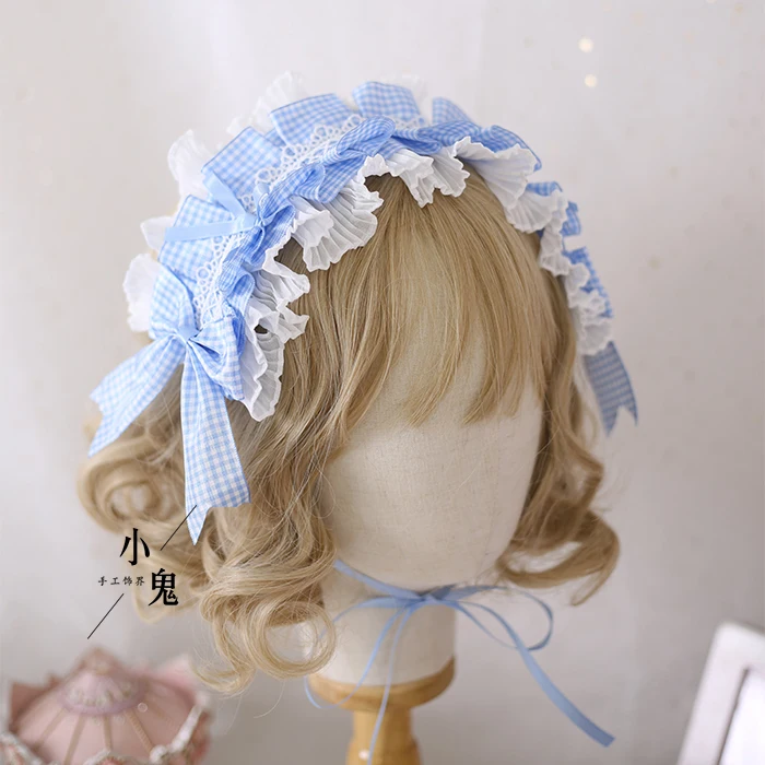 Lace Bow Headband Hair Accessories Japanese Lolita Handmade Sweet Cute Light Blue Grid Hairband Hairpin Soft Sister Headdress