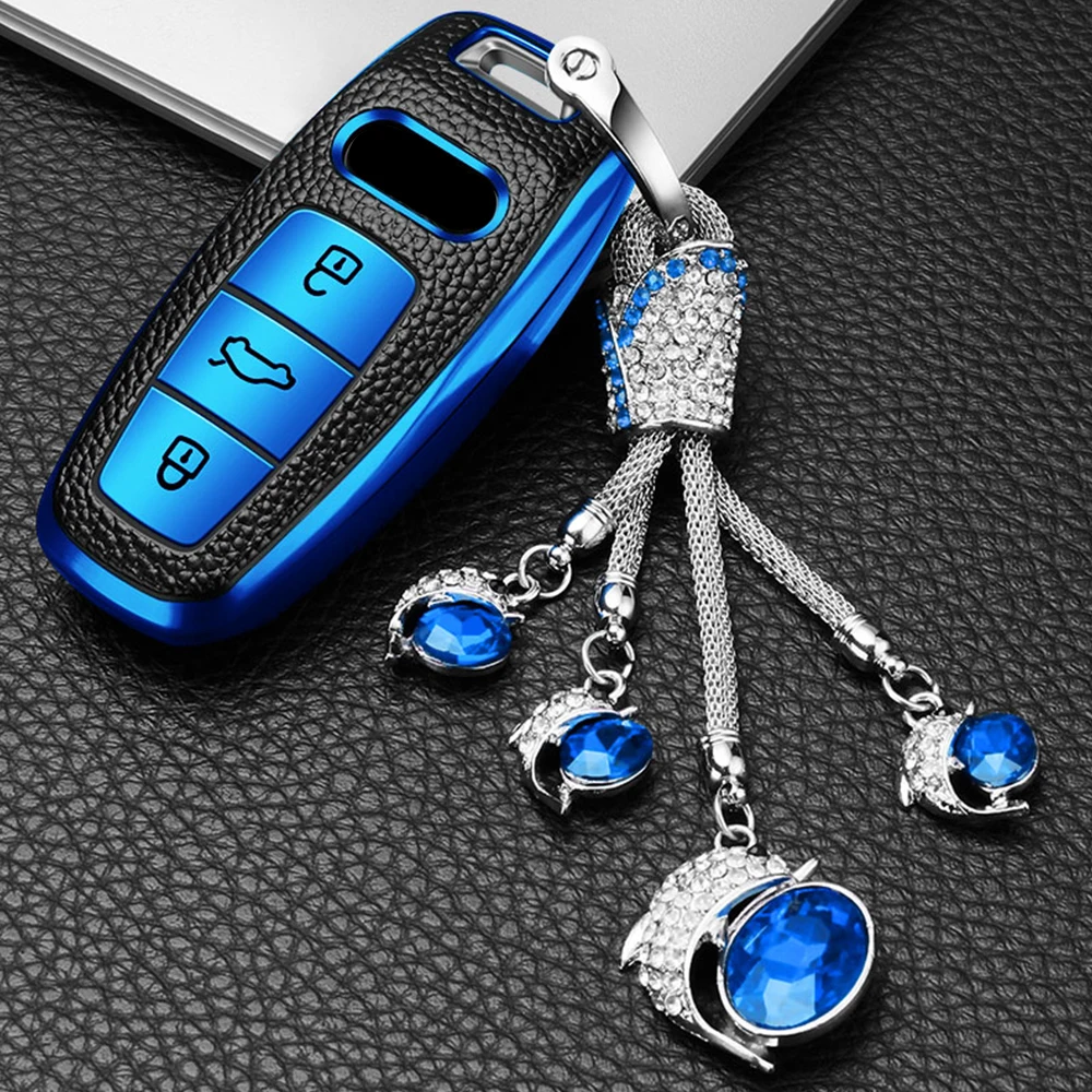 

For Audi A1 A3 A4 A5 A6 A7 A8 Quattro Q3 Q5 Q7 2009-2015 TPU Leather Car Remote Key Case Cover Bag Shell Keychain Protector