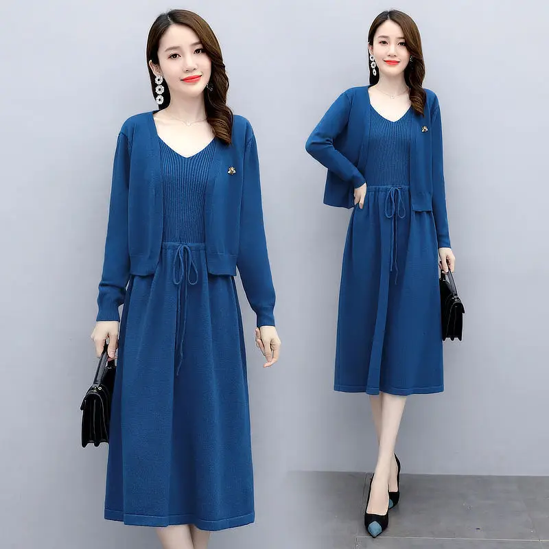 

2022 Spring and Autumn Woman Knitted Dress Female New Temperament Thin Two-piece Suit Ladies Fashion Sweater Dress Outfit Q121