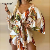 2021 summer women elegant dresses sexy v neck lace up floral print mini dress casual flared sleeves irregular ladies party dress