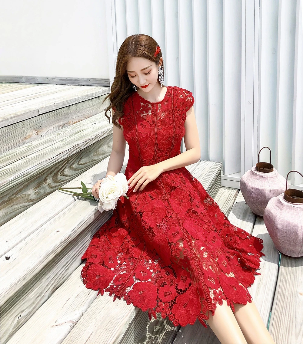 

2020 High quality Women Party Dress Vintage Red Lace O Neck Runway Dress Elegant Ladies Dresses Summer Clothes For Women