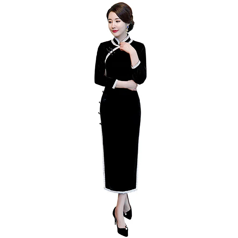 Женское бархатное платье Чонсам с длинным рукавом традиционное китайское чонсам