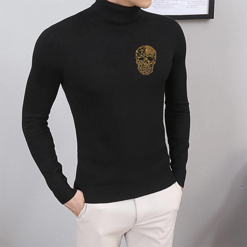 

Европейская зимняя популярная шикарная водолазка со стразами и черепом, теплый и удобный вязаный свитер с длинными рукавами, известный Бра...