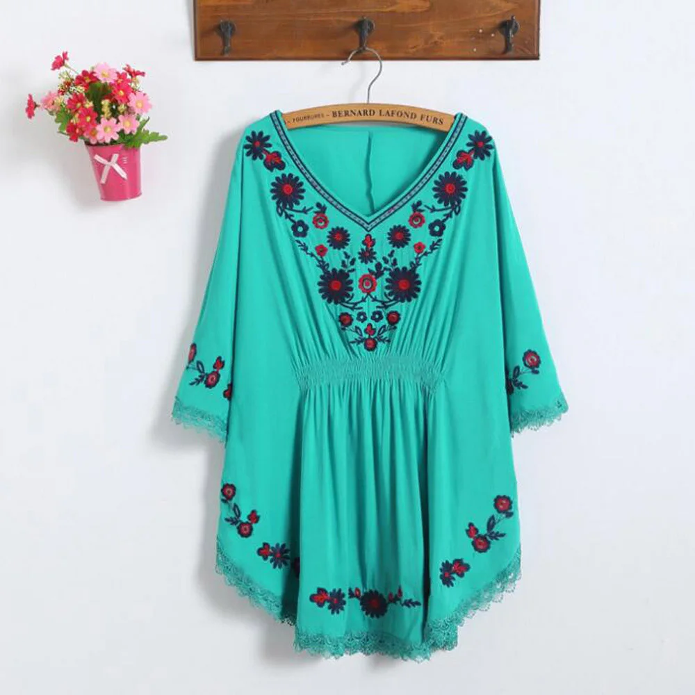 Черные мексиканские блузки женская рубашка с цветочной вышивкой Мешковатые