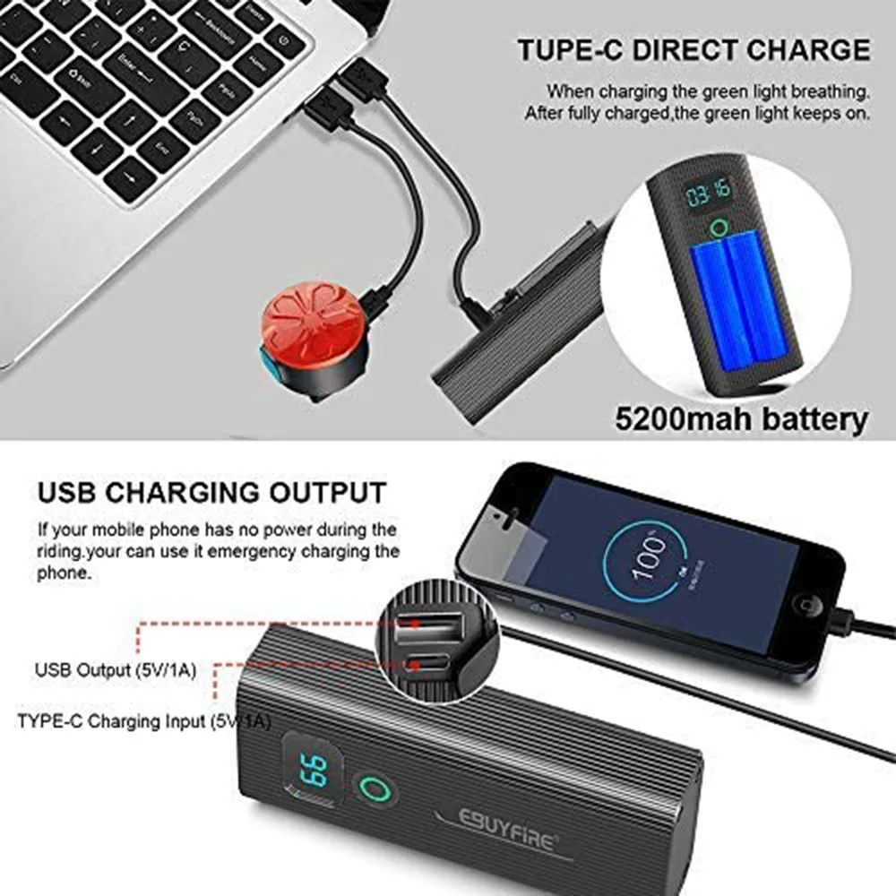 Велосипедный светильник перезаряжаемый через USB 5200 мАч как внешний аккумулятор