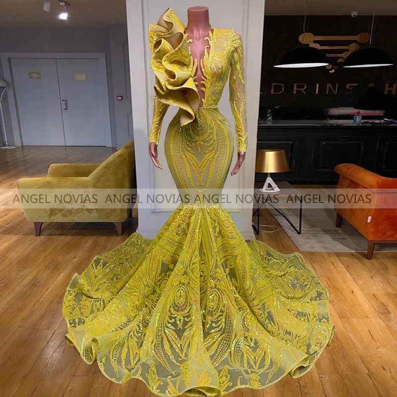 Женское вечернее платье ANGEL NOVIAS желтое кружевное платье-Русалка с длинным