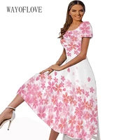 wayoflove spring summer long dresses women elegant casual slim short sleeve pink floral printed dress beach vestidos dress party