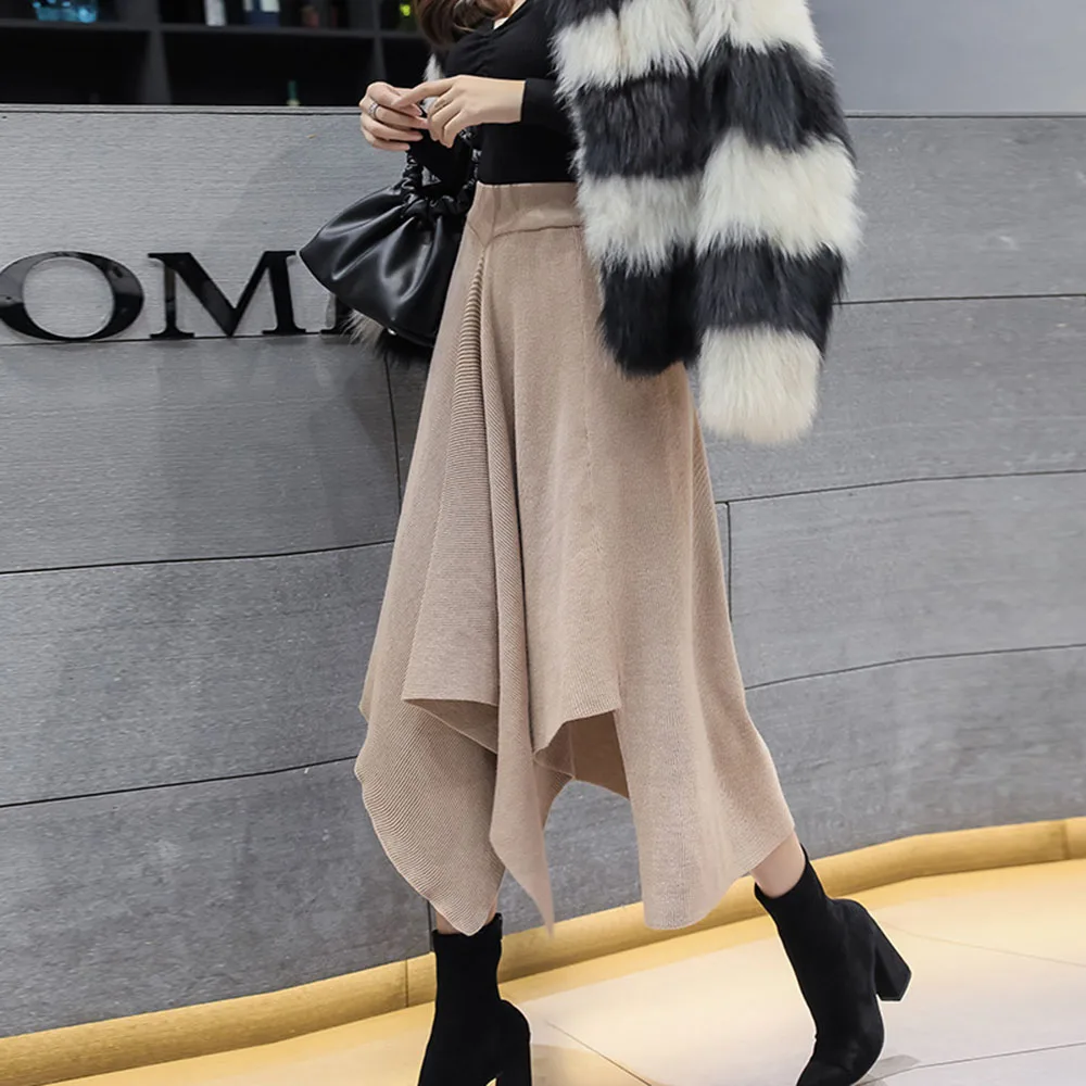 

Skirt Irregular High Waist Light Coffee Color Knit Slim Fashion 2020 Fall Winter New Style Women Thick Elegent Vintage Trendy