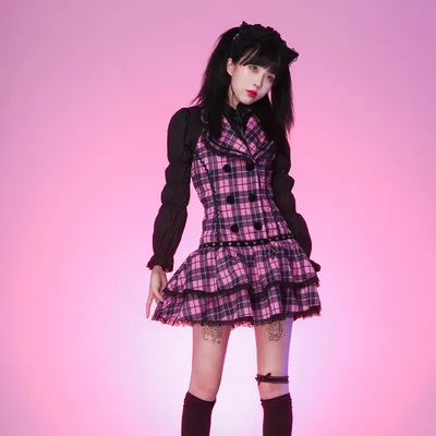 

Женское готическое платье в стиле «Харадзюку», розовое клетчатое платье в стиле «лолита» с длинным рукавом, милый наряд для осени и зимы