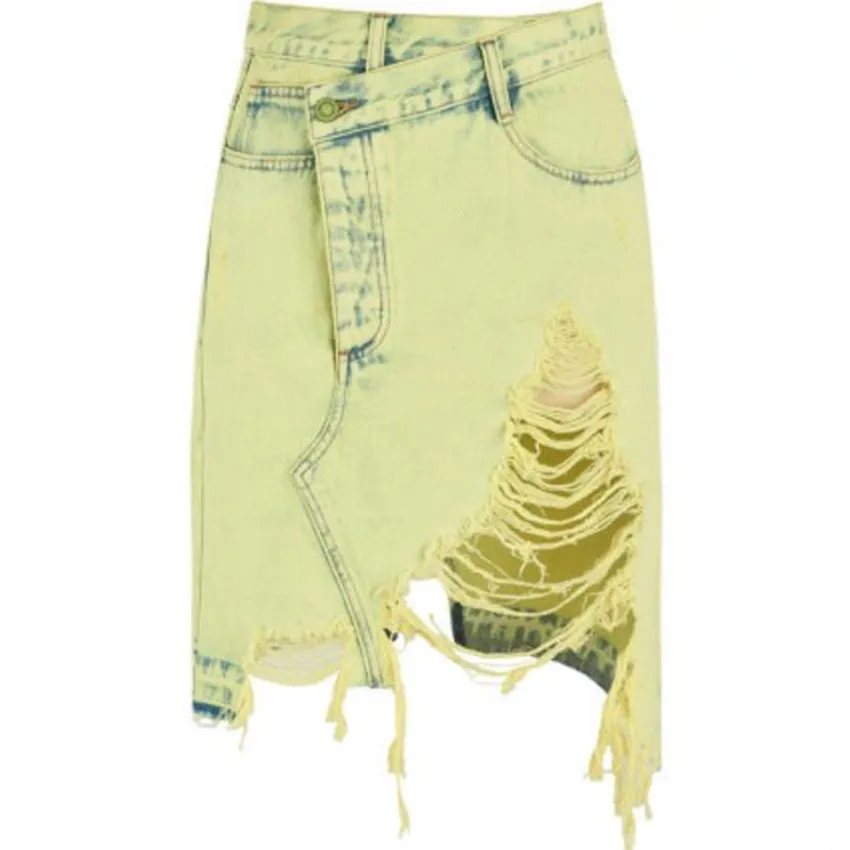 

Washed summer big hole fringed denim skirt women asymmetric high waist knee length A-line skirt