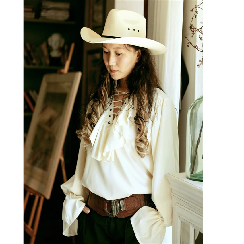 

Medieval French Retro Couple Top Solid Color Lapel Simple Long Sleeve Victorian Renaissance Drama Viking Pirate Cosplay Costumes