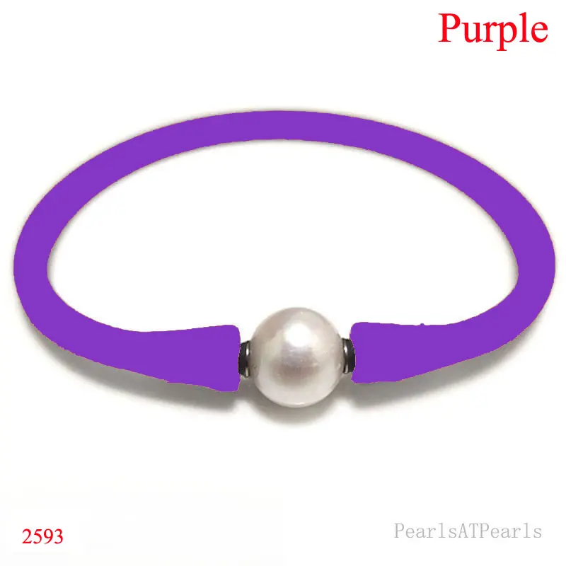 

6.5 inches 10-11mm One AA Natural Round Pearl Purple Elastic Rubber Silicone Bracelet For Men